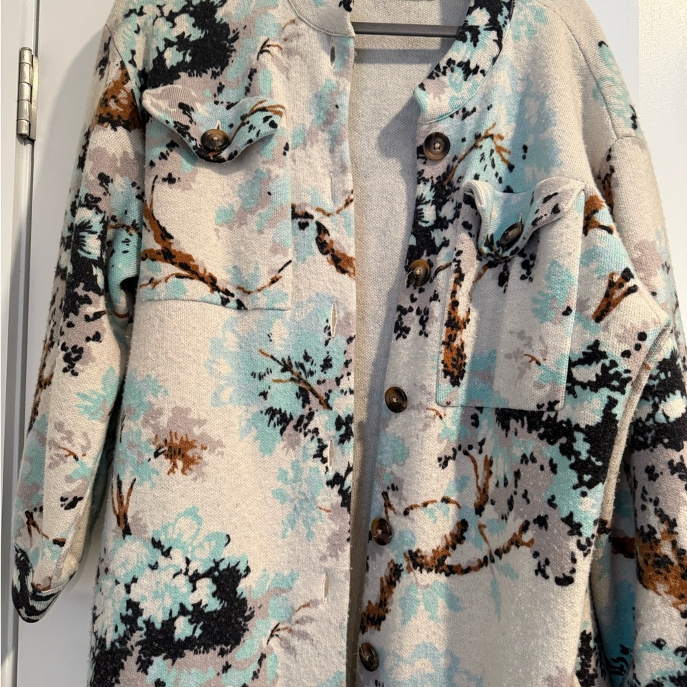 PLAE Women's Abstract Floral Teddy Jacket - Cream and Blue - Picture 5 of 5